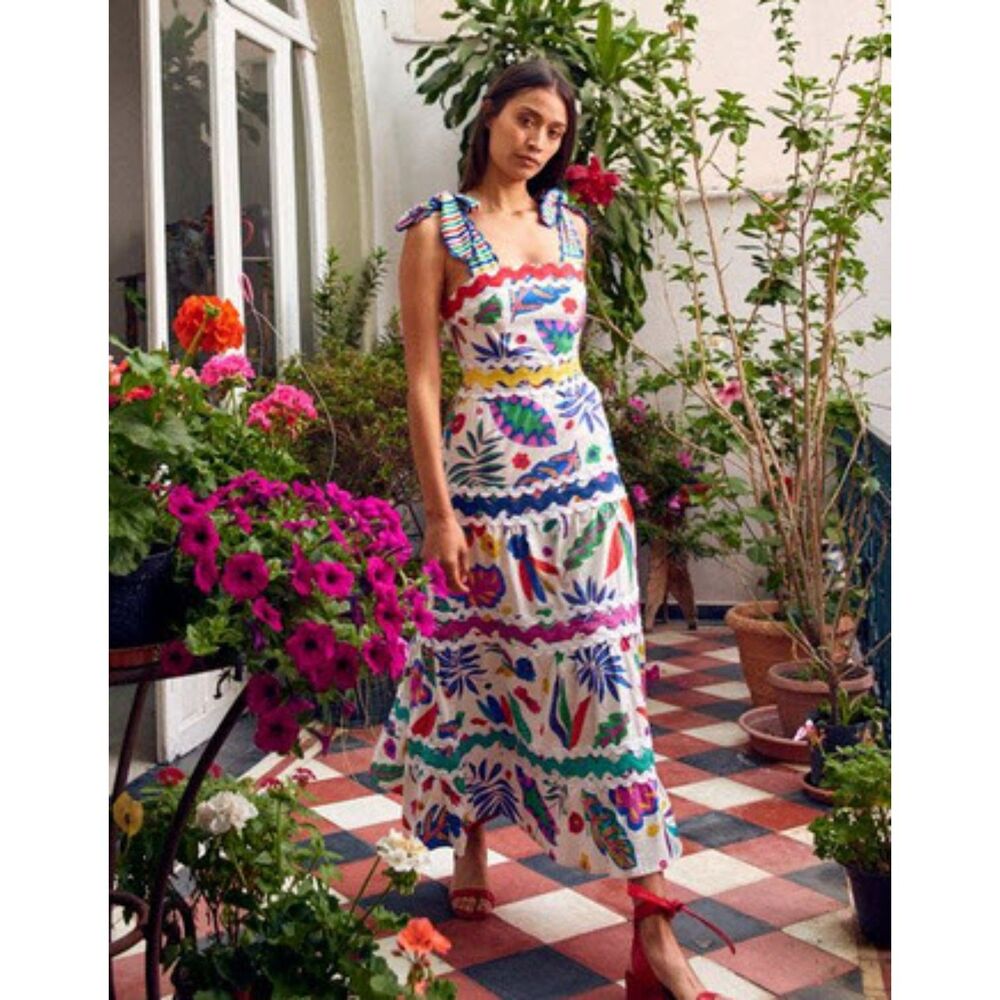 Celia B | Jade Dress | tropical floral print tiered maxi skirt trim | Sz S